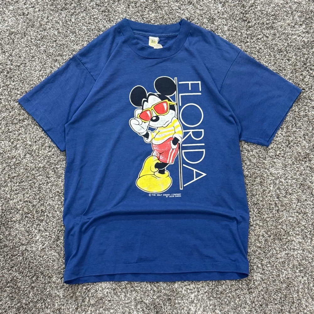 Vintage 80s Mickey Mouse Florida T-Shirt Velva Sheen Single Stitch Blue Mens L